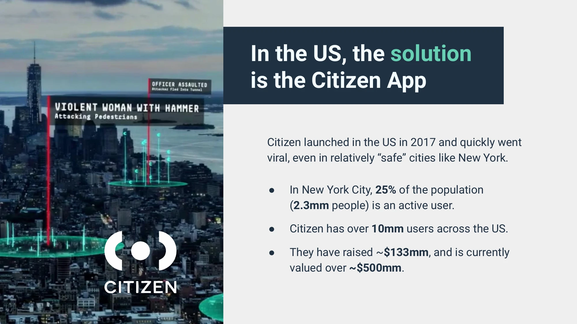 Pitch deck slide - In the USA the solution is the Citizen app