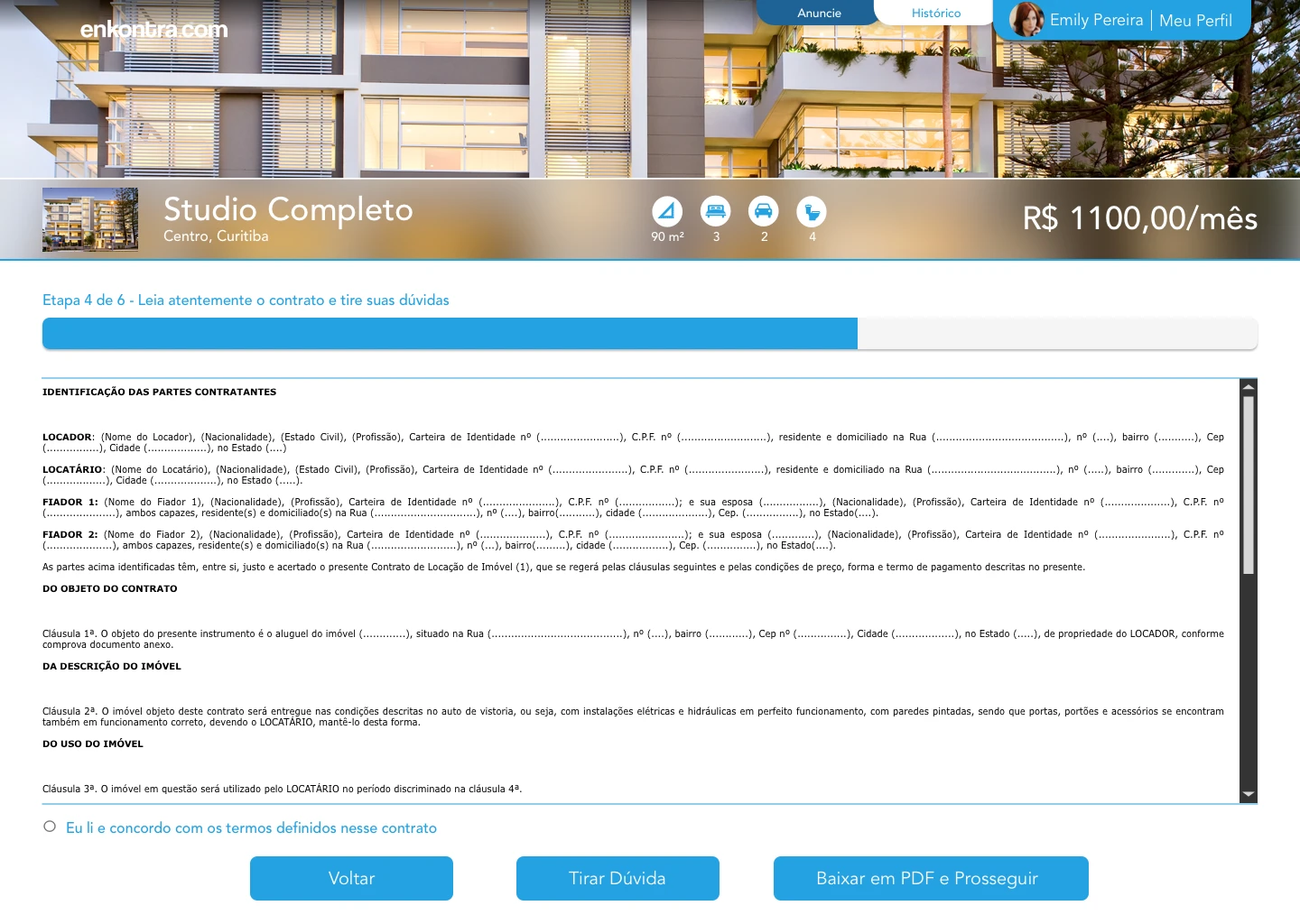 Enkontra.com rental process — review and accept the contract