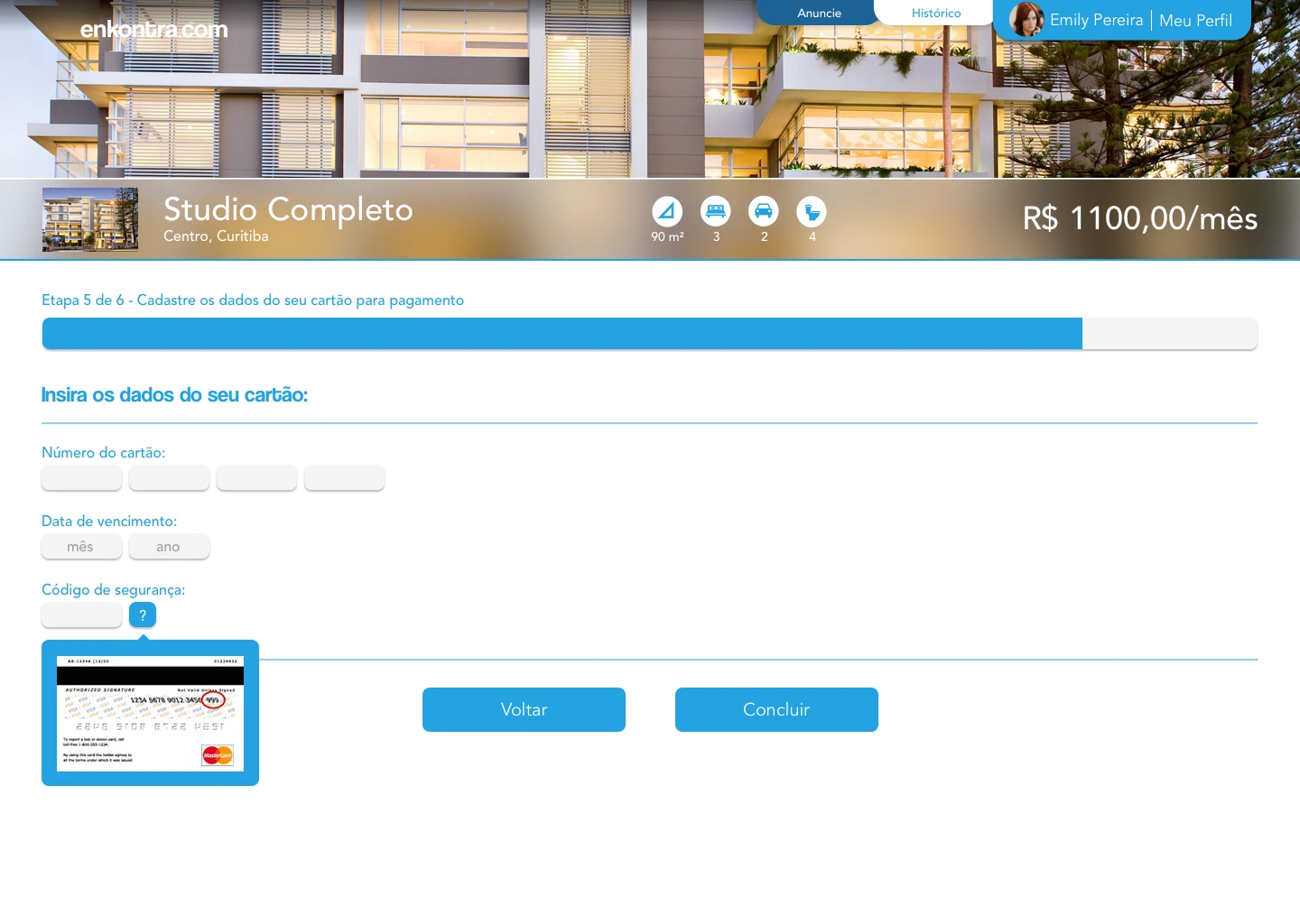 Enkontra.com rental process — enter card details
