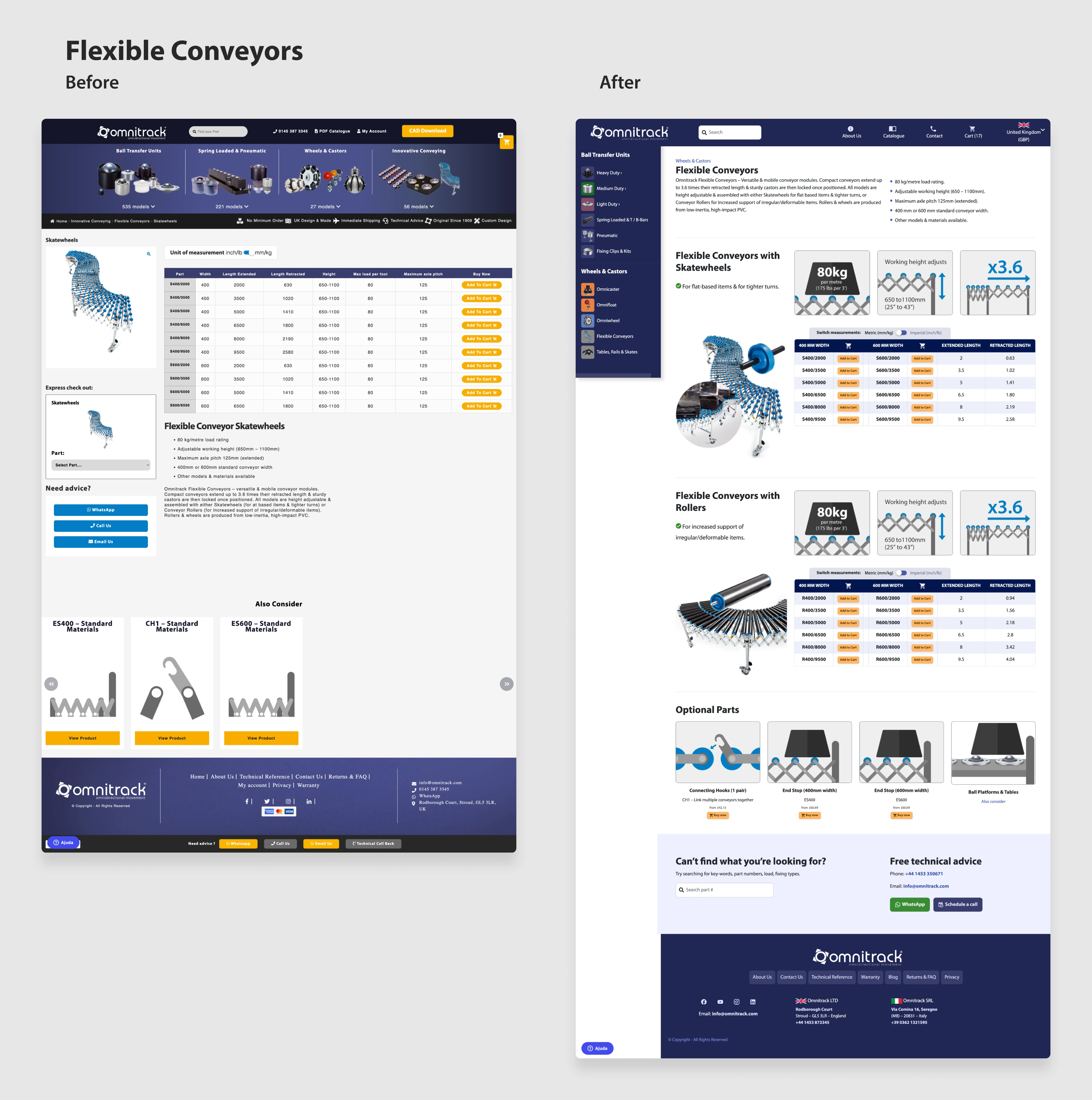 Flexible Conveyors page — Before and after comparison