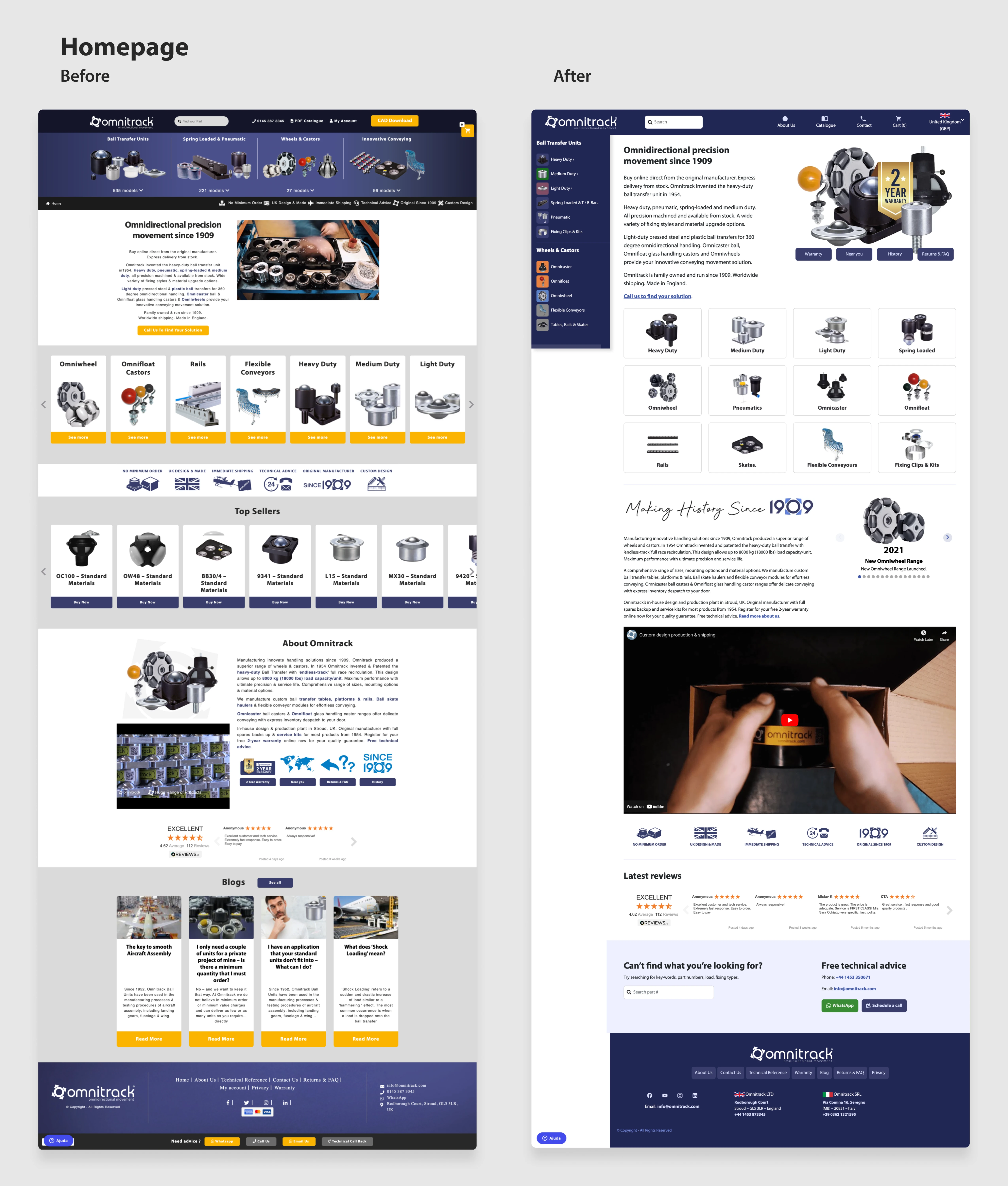 Homepage — Before and after comparison