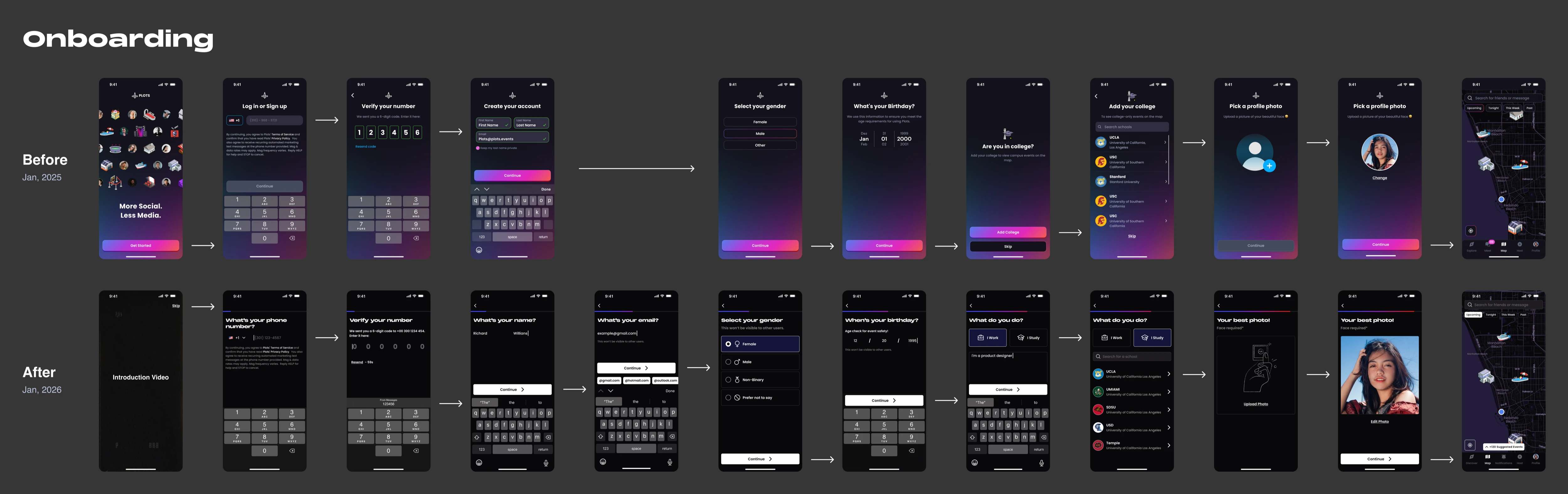 Before and after comparison of the onboarding flow of Plots