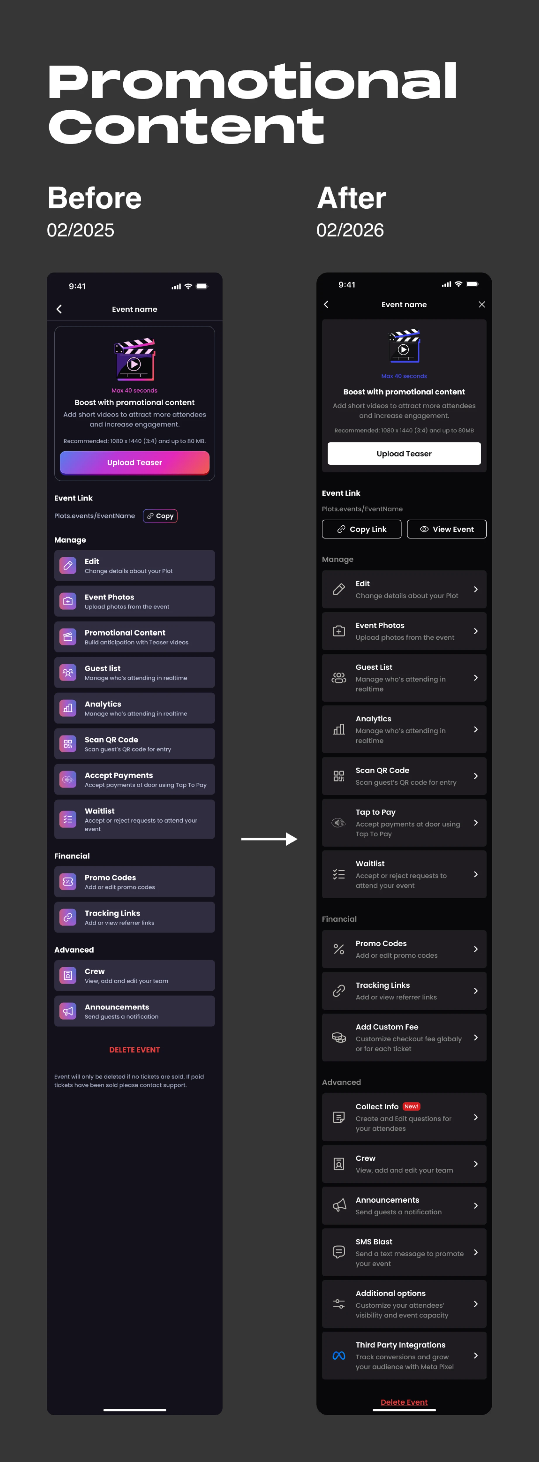 Before and after comparison of the Promotional Content screen of Plots