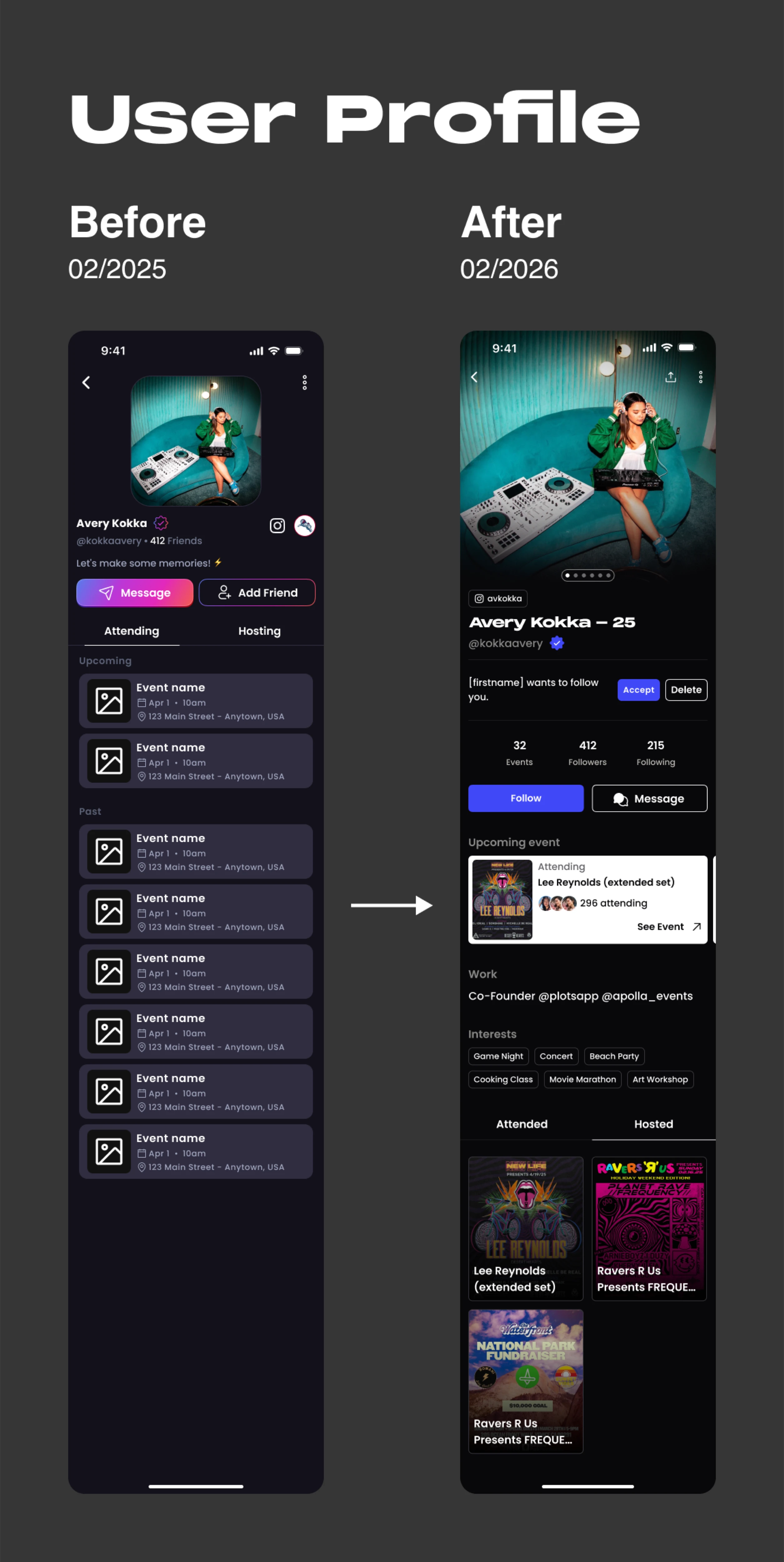 Before and after comparison of the User Profile screen of Plots